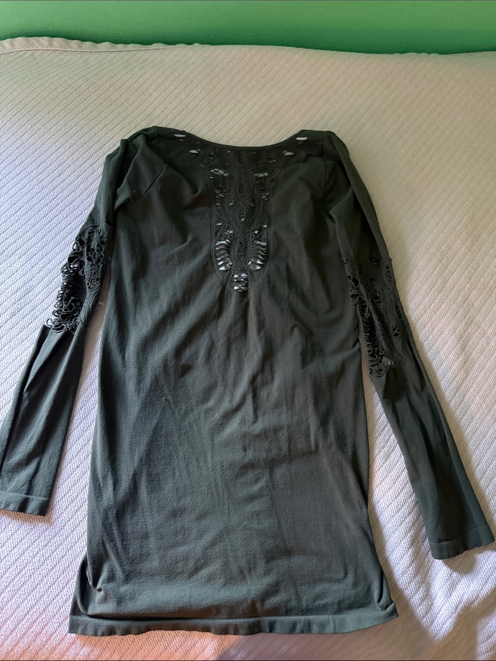 Free People Olive Green Long Sleeve Cutout Lace Detail Top